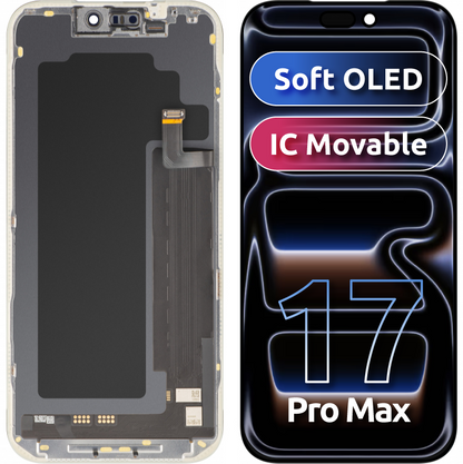 Ecrã com ecrã tátil MP compatível com Apple iPhone 17 Pro Max, com Moldura, Versão Soft OLED FHD IC Movable, Preto