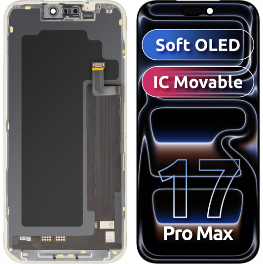 Ecrã com ecrã tátil MP compatível com Apple iPhone 17 Pro Max, com Moldura, Versão Soft OLED FHD IC Movable, Preto