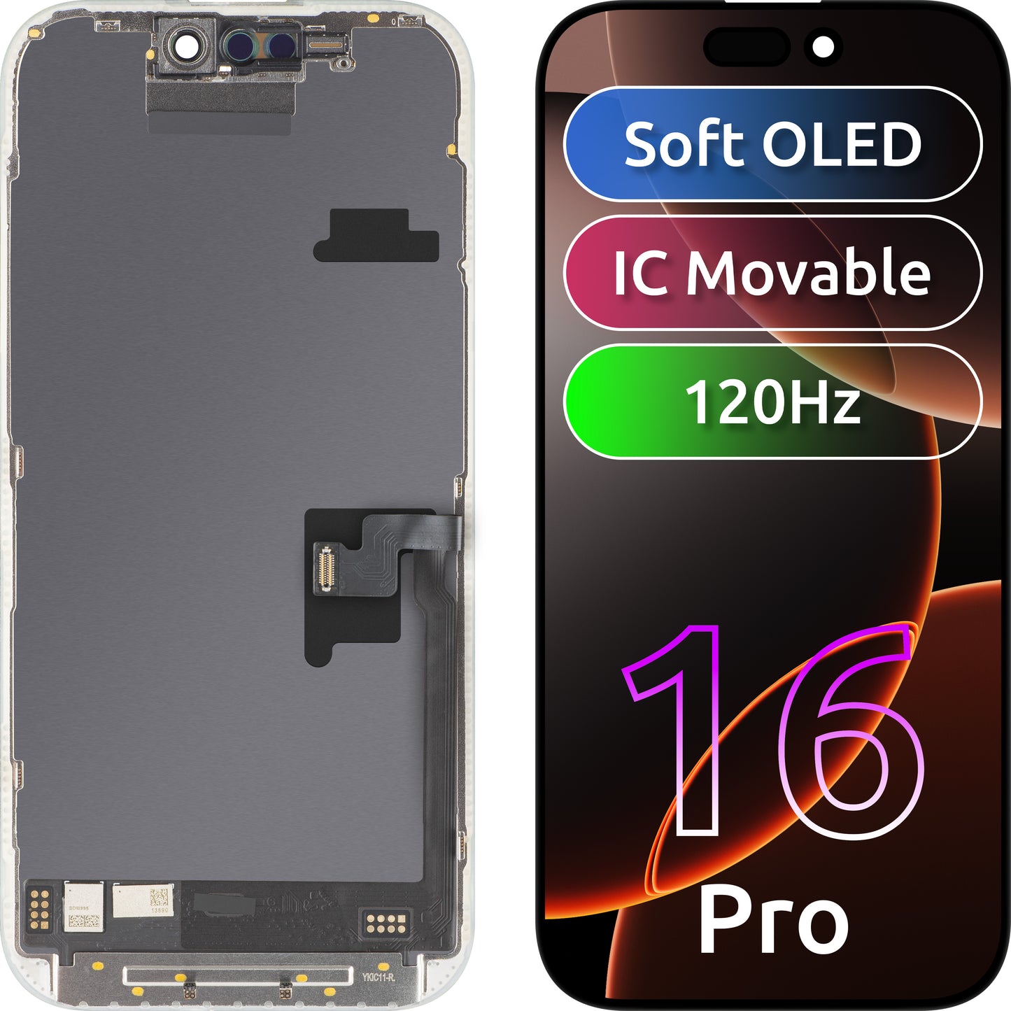 Display com Touchscreen MP compatível com Apple iPhone 16 Pro, com Moldura, Versão Soft OLED FHD 120Hz IC Móvel, Preto