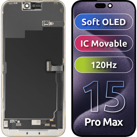 Display com Touchscreen MP compatível com Apple iPhone 15 Pro Max, com Moldura, Versão Soft OLED IC Movable 120Hz FHD, Preto
