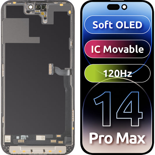 Display com Touchscreen MP compatível com Apple iPhone 14 Pro Max, com Moldura, Versão Soft OLED IC Movable 120Hz FHD, Preto