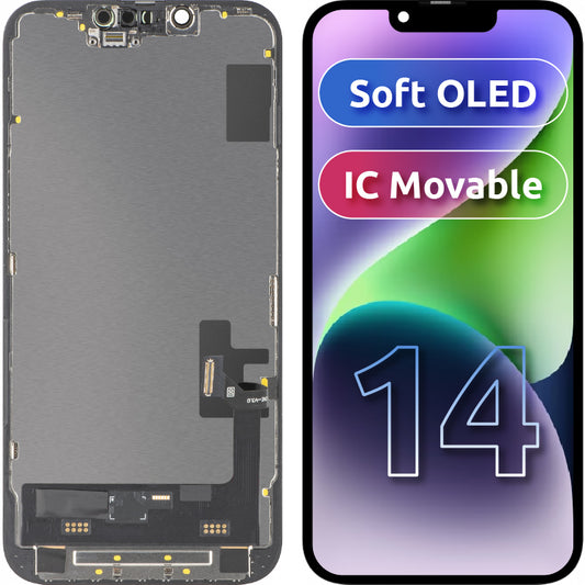 Display com Touchscreen MP compatível com Apple iPhone 14, com Moldura, Versão Soft OLED IC Movable FHD, Preto