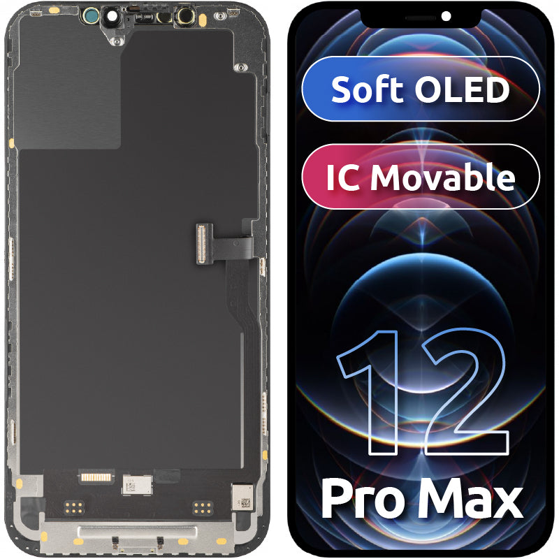 Display com Touchscreen MP compatível com Apple iPhone 12 Pro Max, com Moldura, Versão Soft OLED IC Movable FHD, Preto