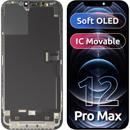 Display com Touchscreen MP compatível com Apple iPhone 12 Pro Max, com Moldura, Versão Soft OLED IC Movable FHD, Preto