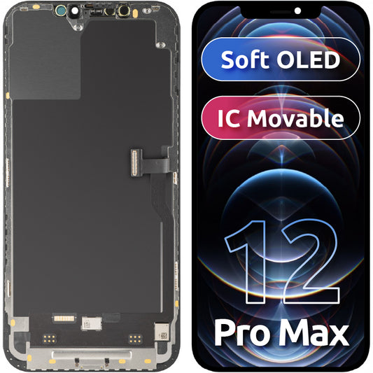 Display com Touchscreen MP compatível com Apple iPhone 12 Pro Max, com Moldura, Versão Soft OLED IC Movable FHD, Preto