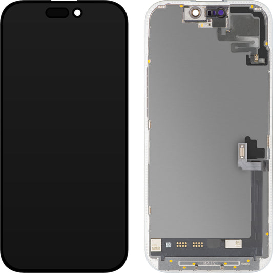 Ecrã com Ecrã Tátil e Sensor de Proximidade MP compatível com Apple iPhone 17, com Moldura, Versão Software OLED FHD 120Hz Diagnóstico, Preto