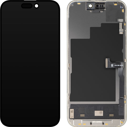 Ecrã com Ecrã Tátil e Sensor de Proximidade MP compatível com Apple iPhone 15 Pro, com Moldura, Versão Software OLED FHD 120Hz Diagnóstico, Preto