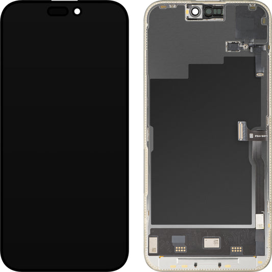 Ecrã com Ecrã Tátil e Sensor de Proximidade MP compatível com Apple iPhone 15 Pro Max, com Moldura, Versão Soft OLED FHD 120Hz Diagnóstico, Preto
