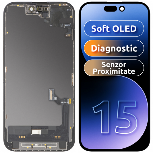 Ecrã com ecrã tátil e sensor de proximidade MP compatível com Apple iPhone 15, com moldura, versão de software OLED FHD Diagnóstico, preto