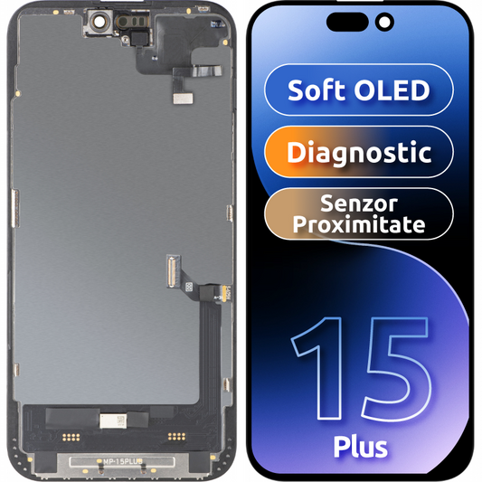 Ecrã com Ecrã Tátil e Sensor de Proximidade MP compatível com Apple iPhone 15 Plus, com Moldura, Versão de Software OLED FHD Diagnóstico, Preto