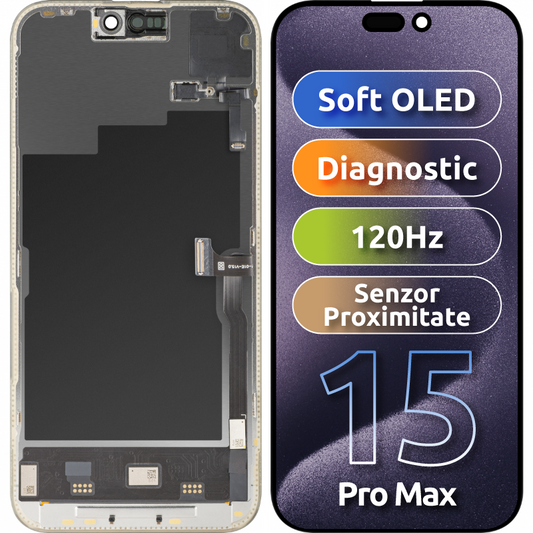 Ecrã com Ecrã Tátil e Sensor de Proximidade MP compatível com Apple iPhone 15 Pro Max, com Moldura, Versão Soft OLED FHD 120Hz Diagnóstico, Preto