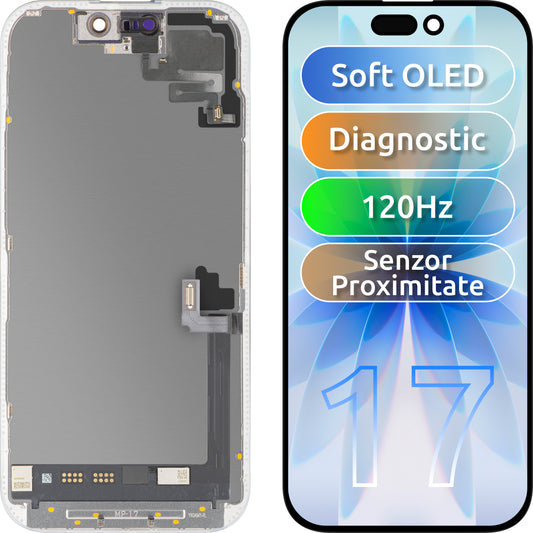 Ecrã com Ecrã Tátil e Sensor de Proximidade MP compatível com Apple iPhone 17, com Moldura, Versão Software OLED FHD 120Hz Diagnóstico, Preto
