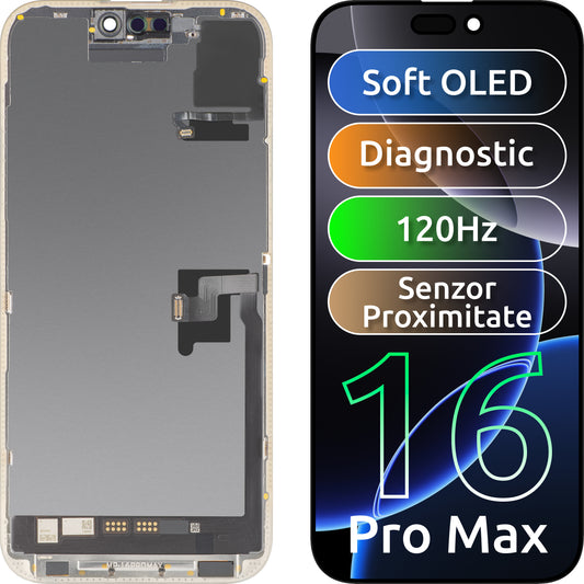 Ecrã com Ecrã Tátil e Sensor de Proximidade MP compatível com Apple iPhone 16 Pro Max, com Moldura, Versão Software OLED FHD 120Hz Diagnóstico, Preto