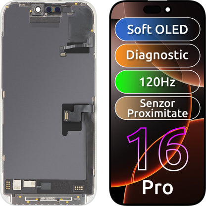 Ecrã com ecrã tátil e sensor de proximidade de luz MP compatível com Apple iPhone 16 Pro, com moldura, versão de software OLED FHD 120Hz diagnóstico, preto