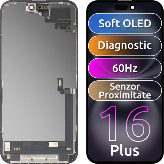 Ecrã com Touchscreen e Sensor de Proximidade MP compatível com Apple iPhone 16 Plus, com Moldura, Versão Software OLED FHD Diagnóstico, Preto