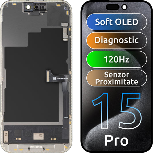 Ecrã com Ecrã Tátil e Sensor de Proximidade MP compatível com Apple iPhone 15 Pro, com Moldura, Versão Software OLED FHD 120Hz Diagnóstico, Preto