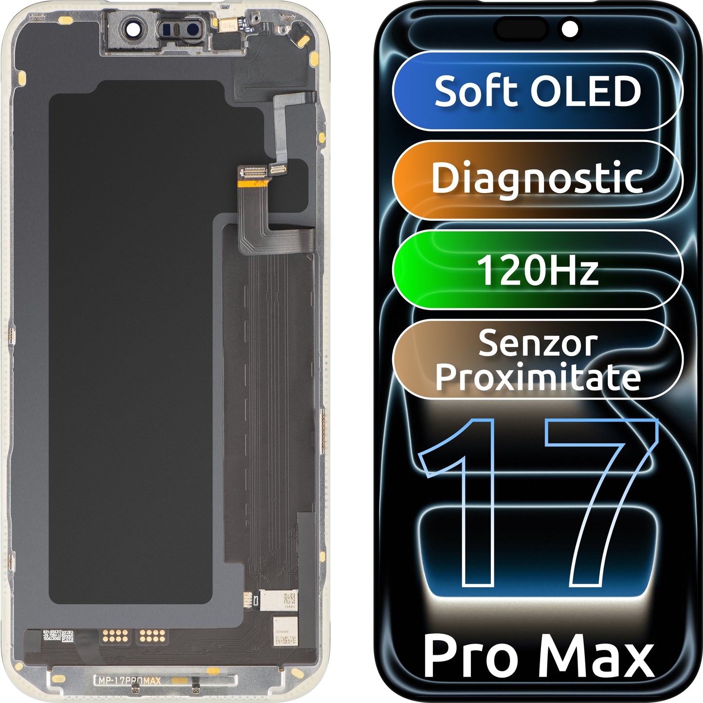 Ecrã com ecrã tátil e sensor de proximidade de luz MP compatível com Apple iPhone 17 Pro Max, com moldura, versão de software OLED FHD 120Hz diagnóstico, preto