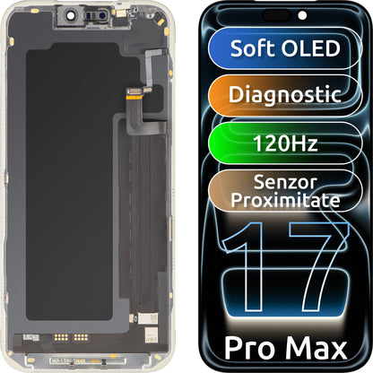 Ecrã com ecrã tátil e sensor de proximidade de luz MP compatível com Apple iPhone 17 Pro Max, com moldura, versão de software OLED FHD 120Hz diagnóstico, preto