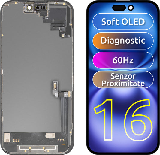Ecrã com ecrã tátil e sensor de proximidade MP compatível com Apple iPhone 16, com moldura, versão de software OLED FHD Diagnóstico, preto