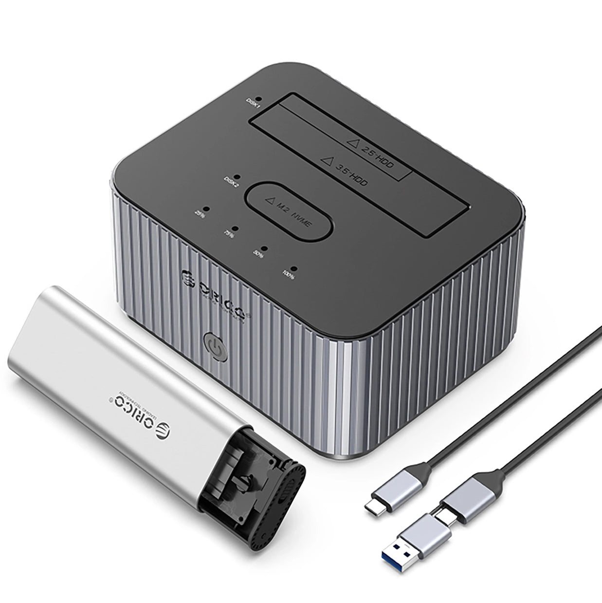 Docking Station Orico IT28E-C para HDD / SSD SATA 2.5 polegadas / 3.5 polegadas - SSD SATA M.2 NVMe, Cinzento
