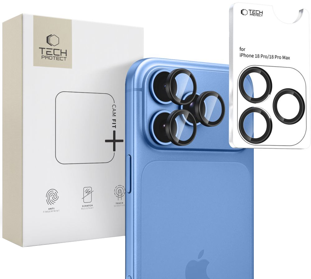 Película protetora para Câmara Traseira Tech-Protect CamRing Fit+ para Apple iPhone 18 Pro / 18 Pro Max, Vidro Temperado, Preto