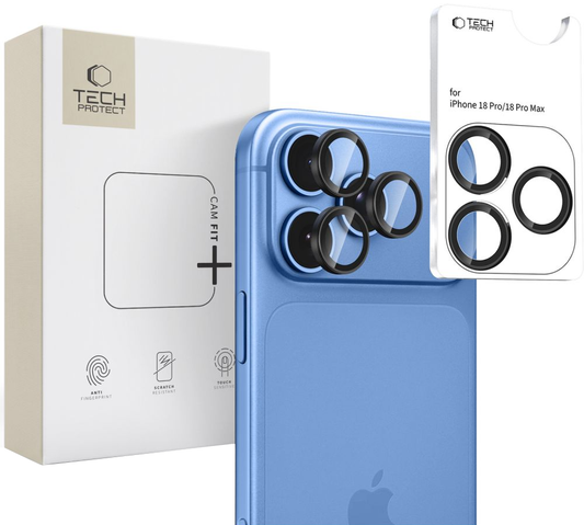 Película protetora para Câmara Traseira Tech-Protect CamRing Fit+ para Apple iPhone 18 Pro / 18 Pro Max, Vidro Temperado, Preto