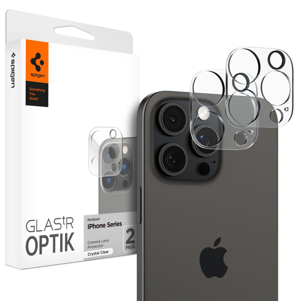 Película protetora da câmara traseira Spigen Optik para Apple iPhone 15 Pro Max / 15 Pro, proteção de vidro, cola total, conjunto 2 peças, transparente