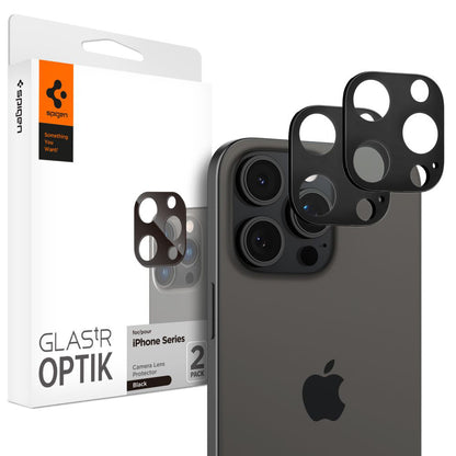 Película protetora da câmara traseira Spigen Optik para Apple iPhone 15 Pro Max / 15 Pro, proteção de vidro, cola total, conjunto de 2 peças, preto AGL05273 