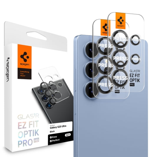 Película Protetora de Câmera Traseira Spigen GlastR EZ FIT Optik Pro HD para Samsung Galaxy S25 Ultra S938, Vidro Temperado, Conjunto de 2 peças, Preta