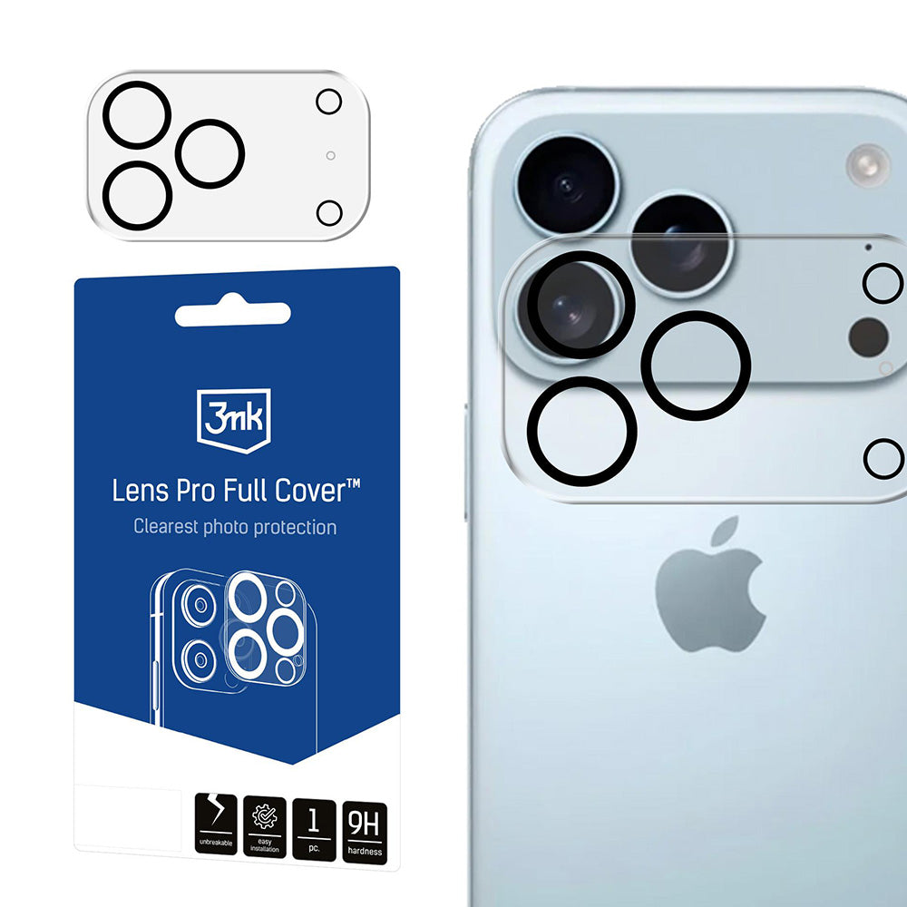 Película Protetora de Câmera Traseira 3MK Pro Full Cover para Apple iPhone 17 Pro Max, Vidro Temperado, Preta