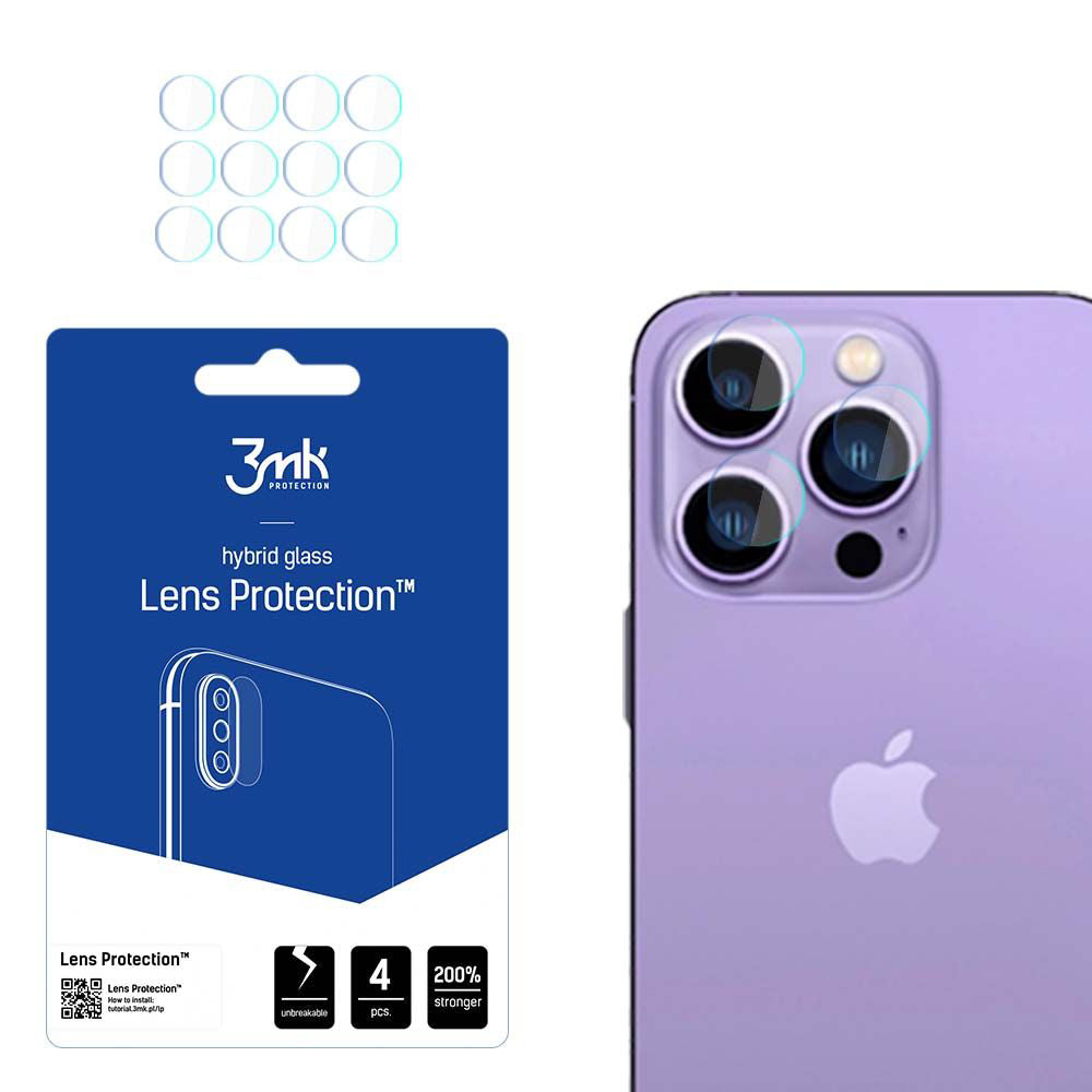Película protetora para Câmara Traseira 3MK Protection para Apple iPhone 14 Pro Max / 14 Pro, Vidro Flexível, Conjunto de 4 peças, Transparente