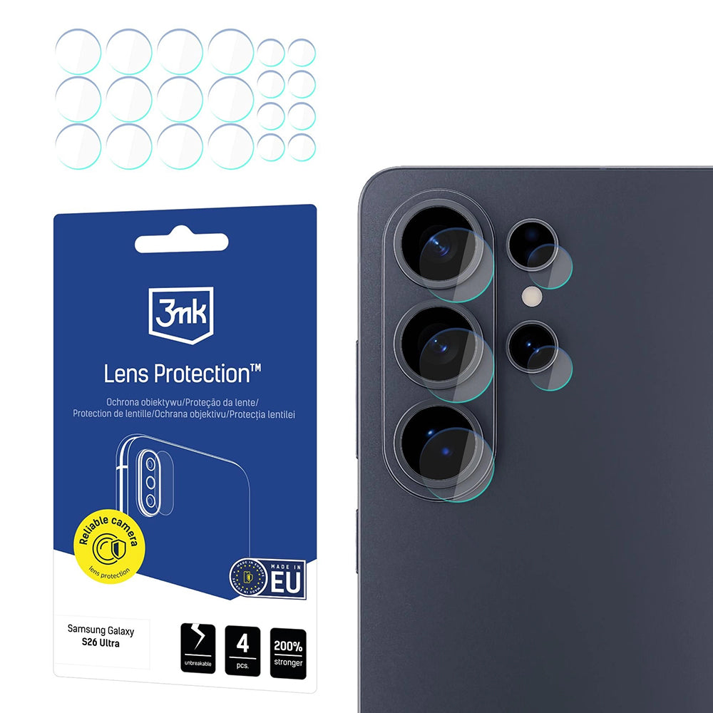 Película Protetora de Câmera Traseira 3MK Protection para Samsung Galaxy S26 Ultra S948, Vidro Temperado, Conjunto de 4 peças, Transparente