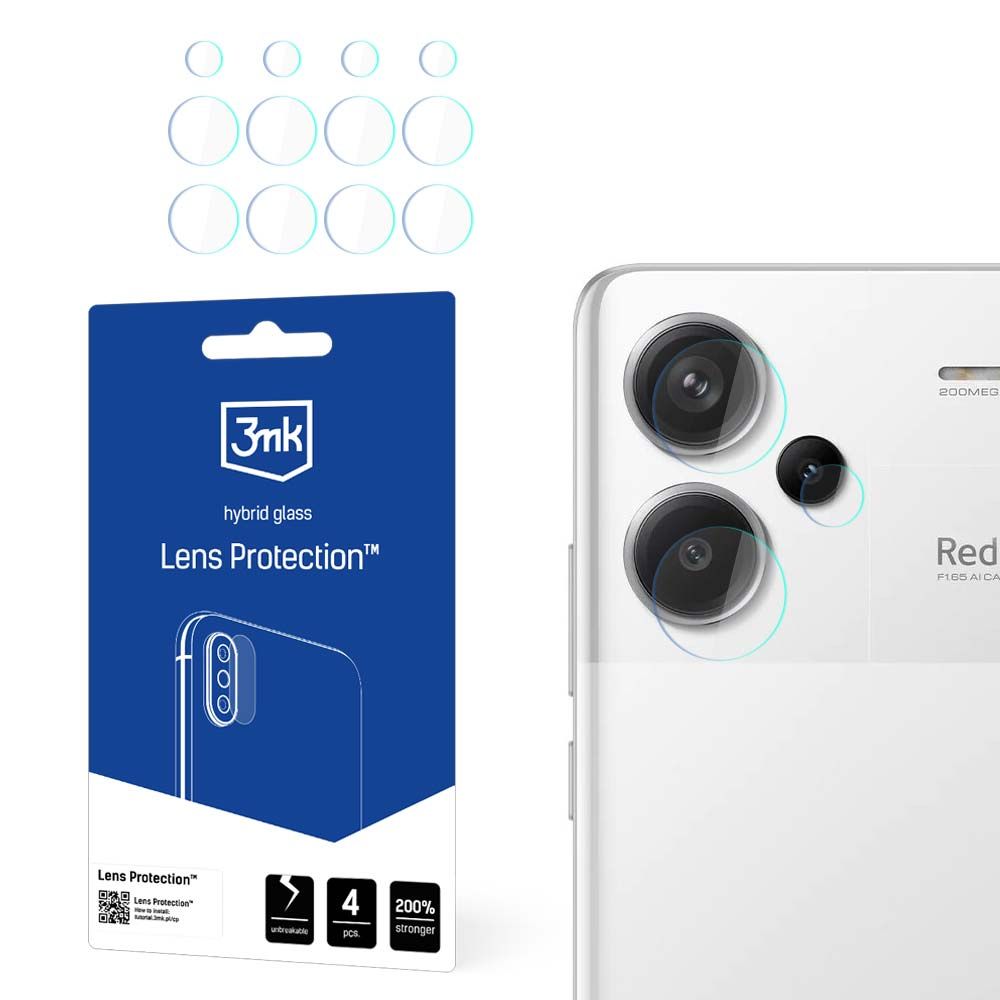 Película protetora para Câmara Traseira 3MK Protection para Xiaomi Redmi Note 13 Pro+, Vidro Flexível, Conjunto de 4 peças, Transparente