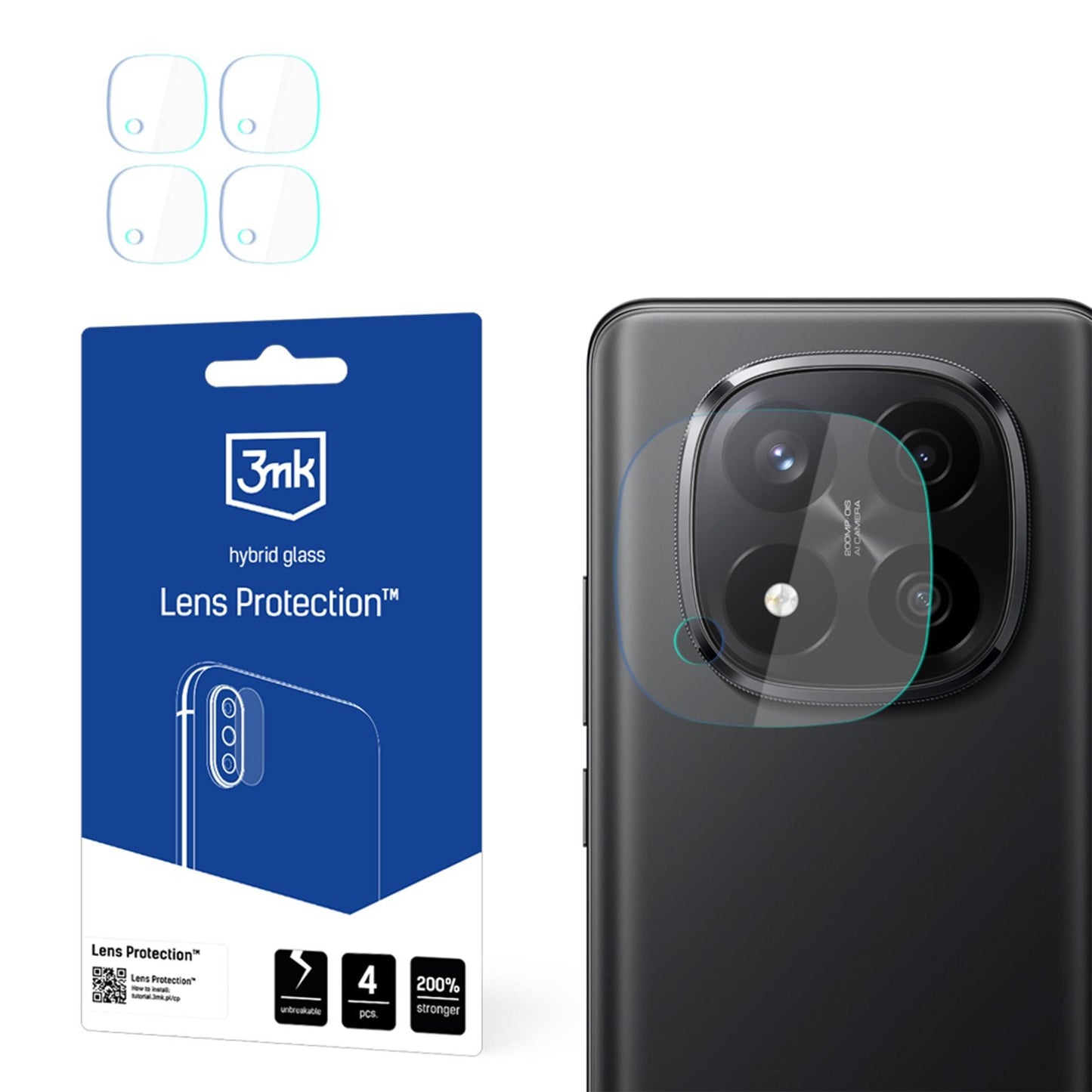 Película protetora para Câmara Traseira 3MK Protection para Xiaomi Redmi Note 14 Pro+ 5G, Vidro Flexível, Conjunto de 4 peças, Transparente