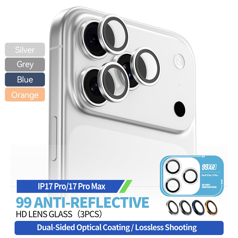 Película Protetora de Câmera Traseira Blueo 99 Anti-Reflexiva HD para Apple iPhone 17 Pro Max / 17 Pro, Vidro Temperado, Prateada