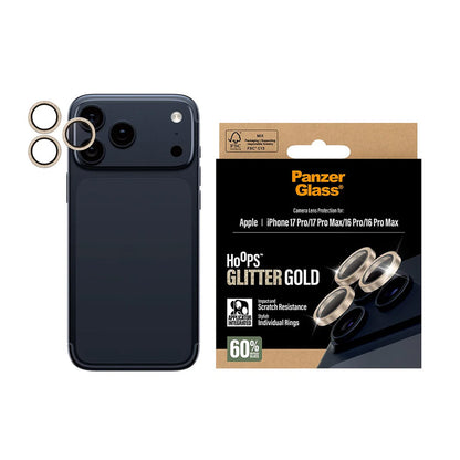 Película Protetora de Câmera Traseira PanzerGlass Hoops Glitter para Apple iPhone 17 Pro Max / 17 Pro / 16 Pro Max / 16 Pro, Vidro Temperado, Dourada