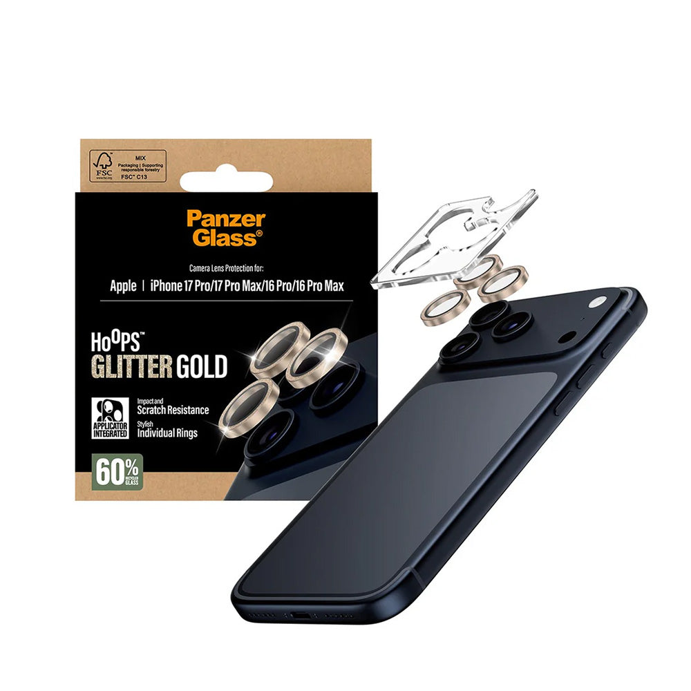 Película Protetora de Câmera Traseira PanzerGlass Hoops Glitter para Apple iPhone 17 Pro Max / 17 Pro / 16 Pro Max / 16 Pro, Vidro Temperado, Dourada