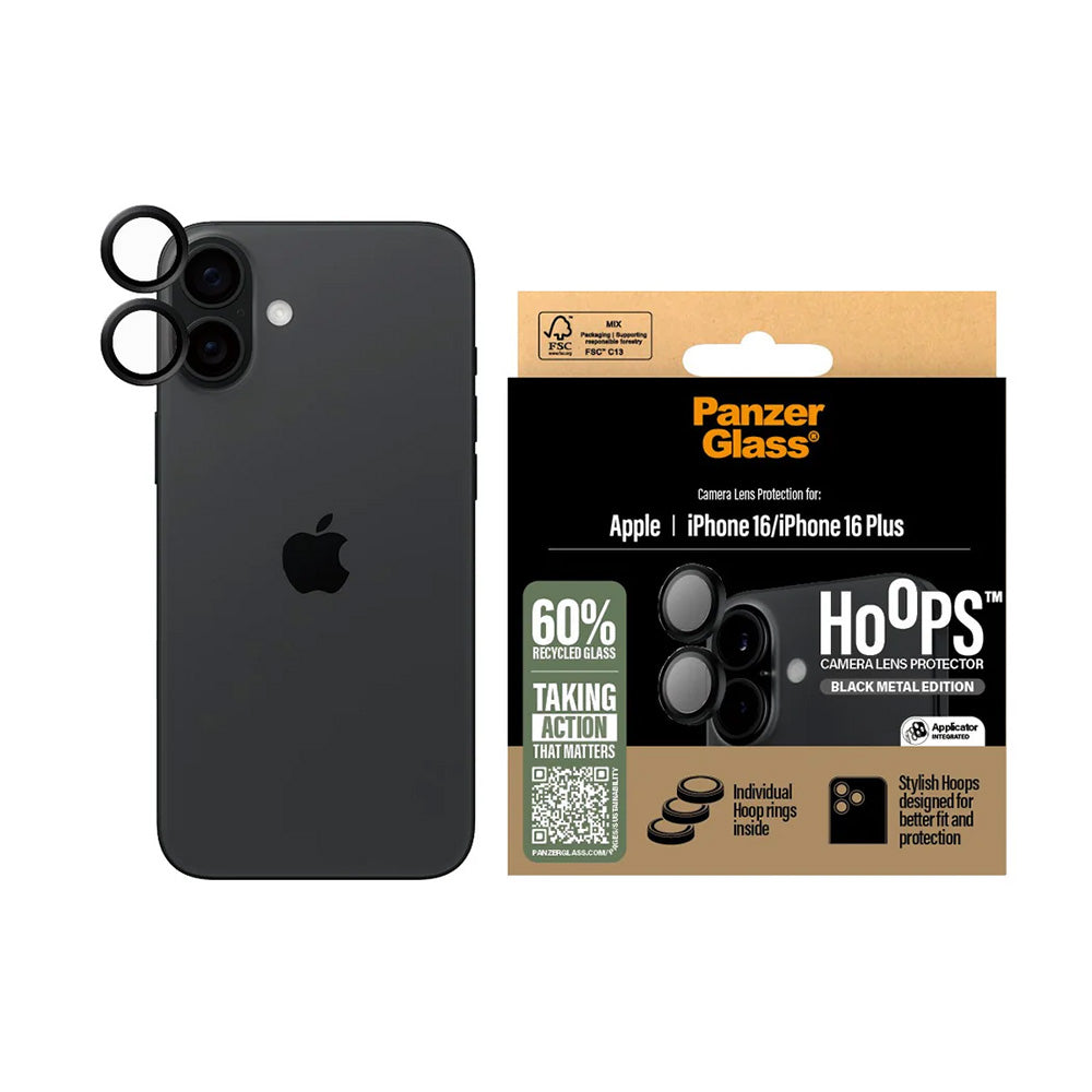 Película Protetora de Câmera Traseira PanzerGlass Hoops para Apple iPhone 16 Plus / 16, Vidro Temperado, Preto