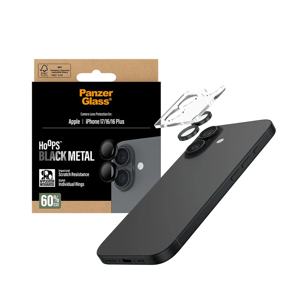 Película Protetora de Câmera Traseira PanzerGlass Hoops para Apple iPhone 17 / 16 Plus / 16, Vidro Temperado, Preto