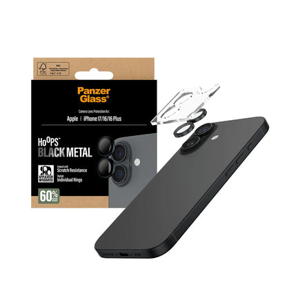 Película Protetora de Câmera Traseira PanzerGlass Hoops para Apple iPhone 17 / 16 Plus / 16, Vidro Temperado, Preto