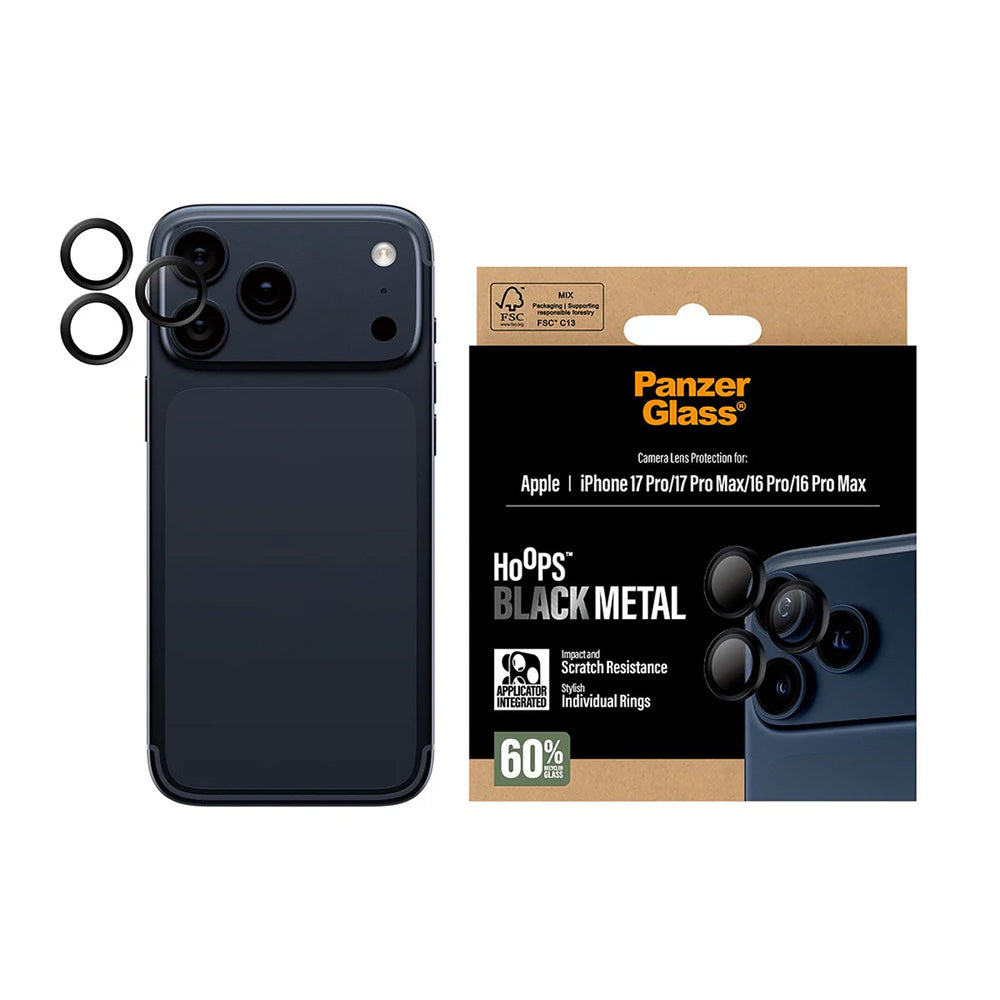 Película Protetora de Câmera Traseira PanzerGlass Hoops para Apple iPhone 17 Pro Max / 17 Pro / 16 Pro Max / 16 Pro, Vidro Temperado, Preto