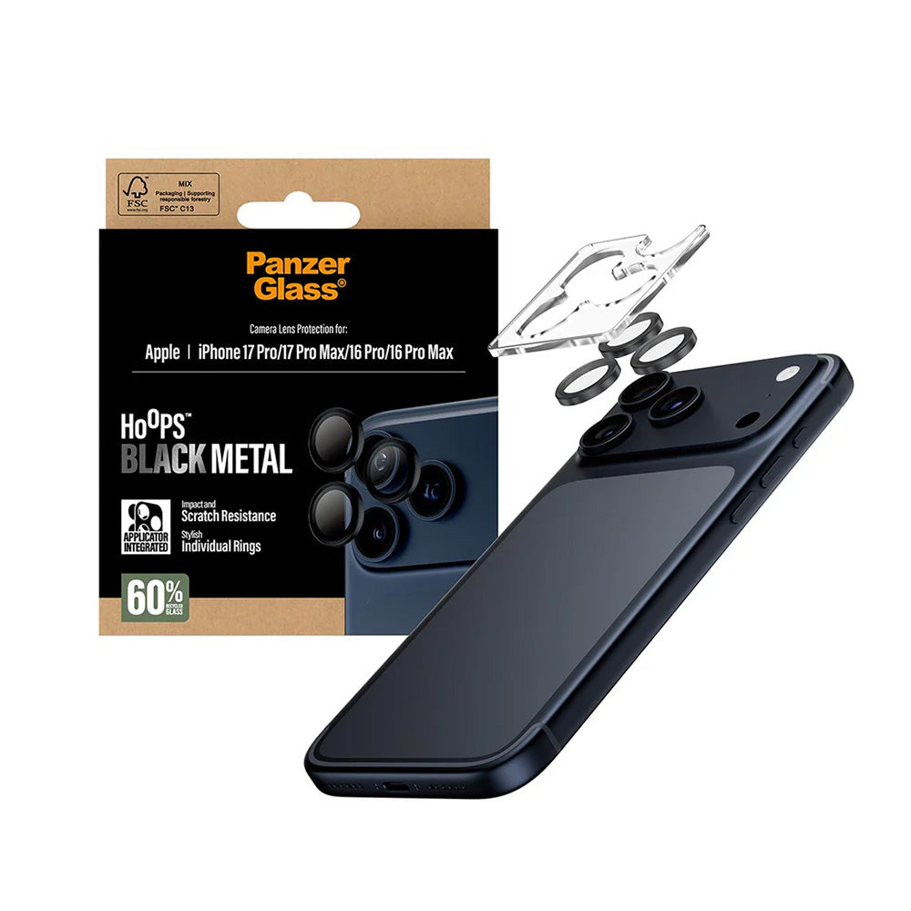 Película Protetora de Câmera Traseira PanzerGlass Hoops para Apple iPhone 17 Pro Max / 17 Pro / 16 Pro Max / 16 Pro, Vidro Temperado, Preto