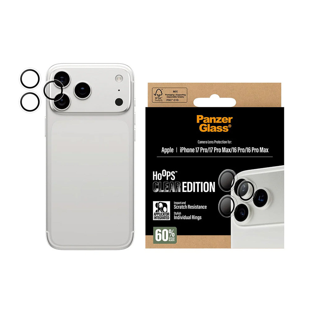 Película Protetora de Câmera Traseira PanzerGlass Hoops para Apple iPhone 17 Pro, Vidro Temperado, Transparente.