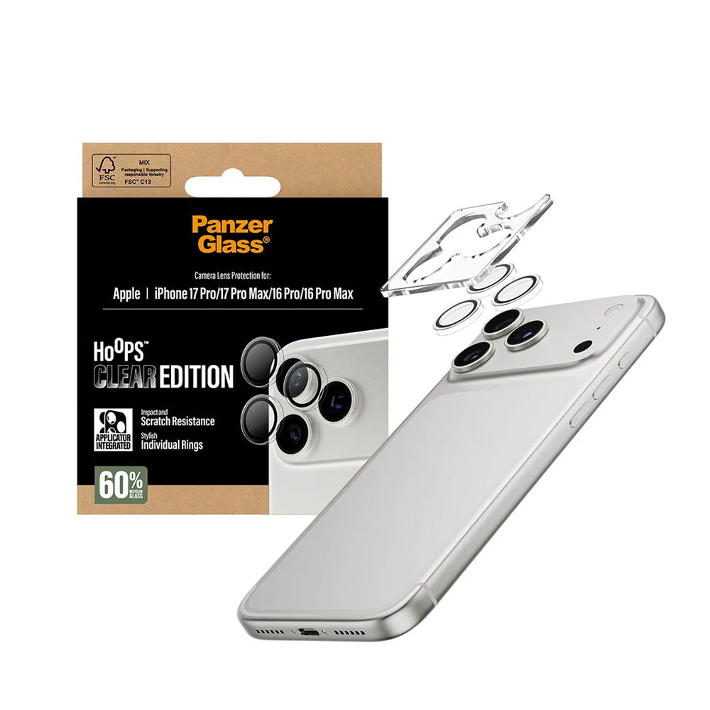 Película Protetora de Câmera Traseira PanzerGlass Hoops para Apple iPhone 17 Pro, Vidro Temperado, Transparente.