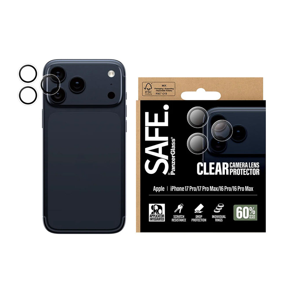 Película de Proteção para Câmera Traseira PanzerGlass Safe. para Apple iPhone 17 Pro Max / 17 Pro / 16 Pro Max / 16 Pro, Vidro Temperado, Transparente.