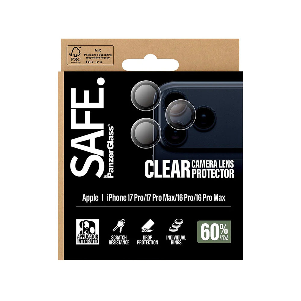 Película de Proteção para Câmera Traseira PanzerGlass Safe. para Apple iPhone 17 Pro Max / 17 Pro / 16 Pro Max / 16 Pro, Vidro Temperado, Transparente.