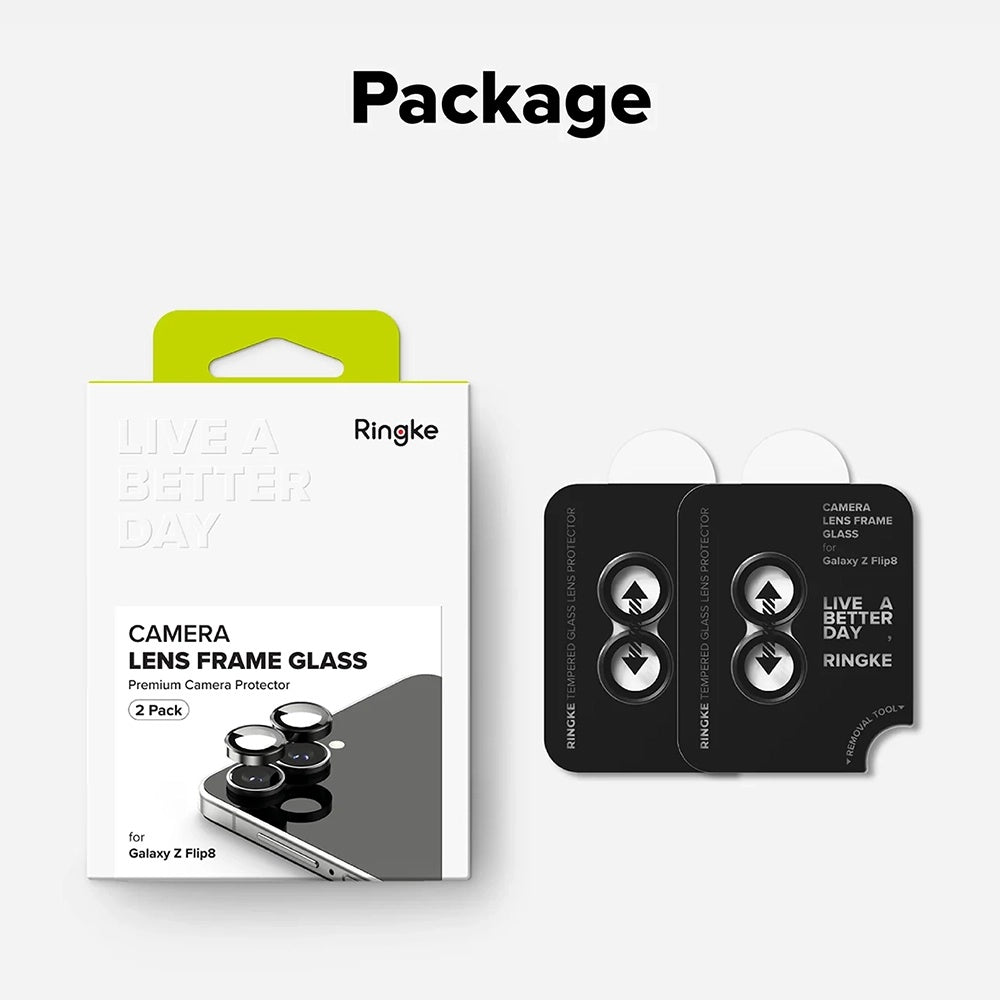 Película protetora para Câmara Traseira Ringke para Samsung Galaxy Z Flip8 F776, Vidro Temperado, Conjunto de 2 peças, Preto