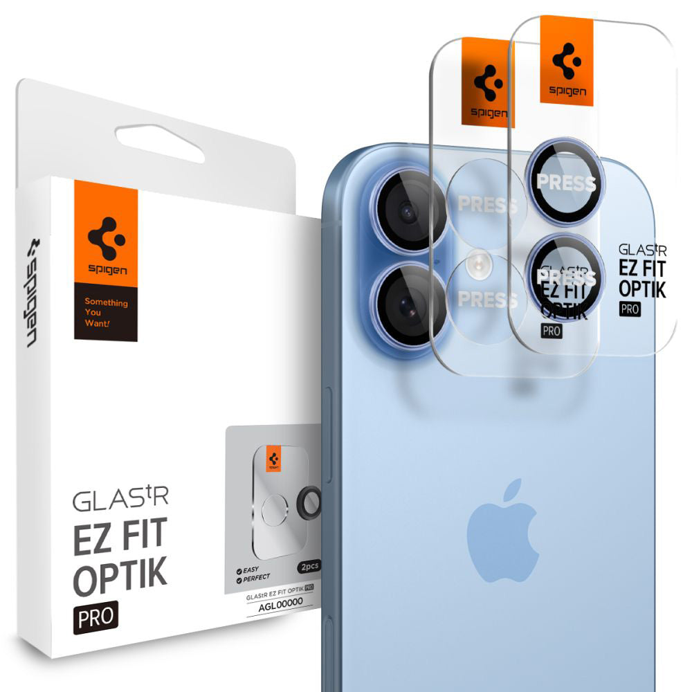 Película protetora para Câmara Traseira Spigen GlastR EZ FIT Optik Pro para Apple iPhone 17 / 16 Plus / 16, Vidro Temperado, Conjunto de 2 peças, Azul