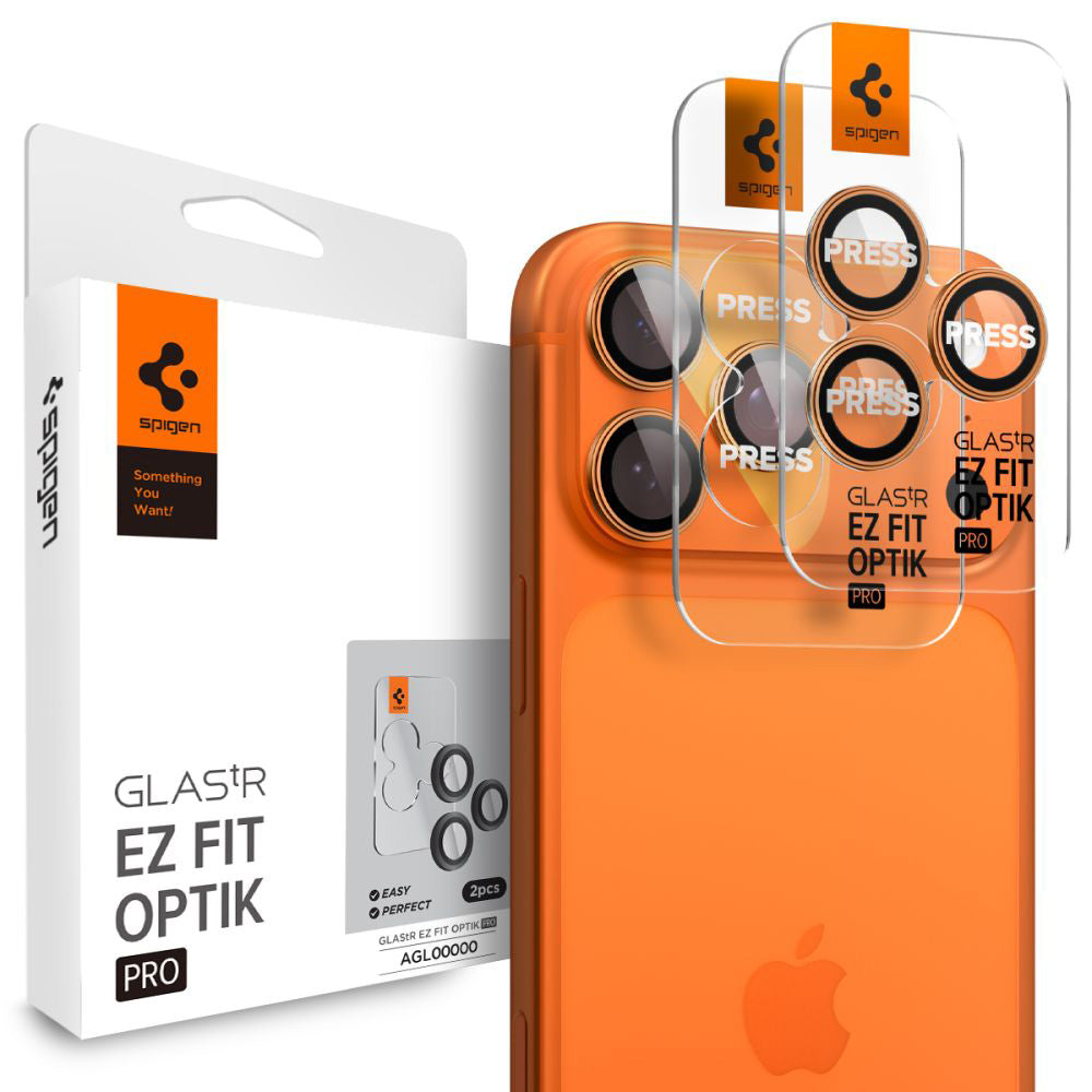 Película Protetora de Câmera Traseira Spigen GlastR EZ FIT Optik Pro para Apple iPhone 17 Pro Max / 17 Pro, Vidro Temperado, Conjunto de 2 Peças, Laranja