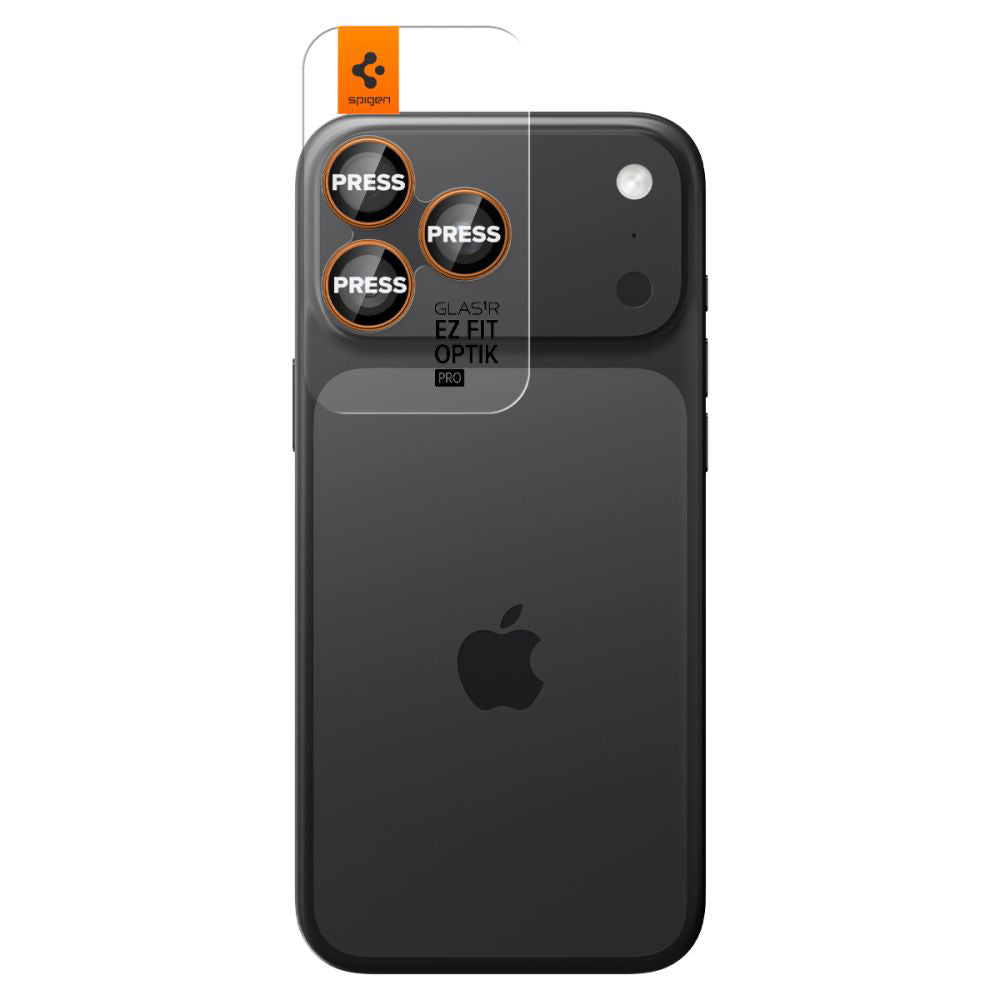 Película Protetora de Câmera Traseira Spigen GlastR EZ FIT Optik Pro para Apple iPhone 17 Pro Max / 17 Pro, Vidro Temperado, Conjunto de 2 Peças, Laranja